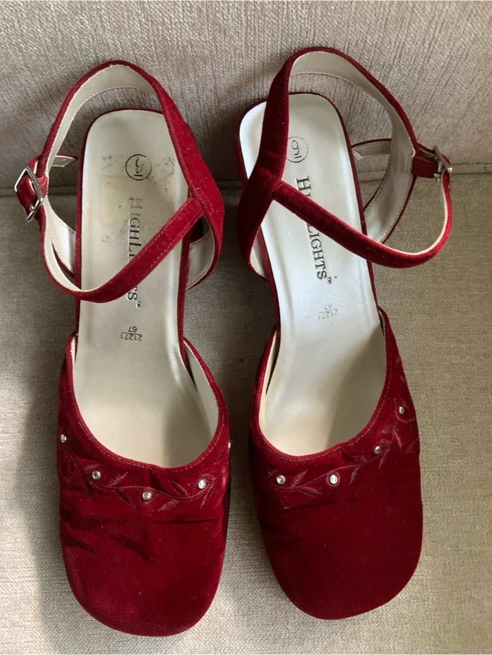 Red Velvet Slingback Heels with Crystal Studs by
